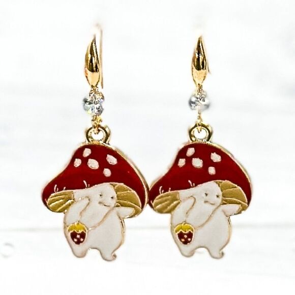Happy Mushroom Gold Plated Enamel Dangle Earrings - Picture 3 of 5